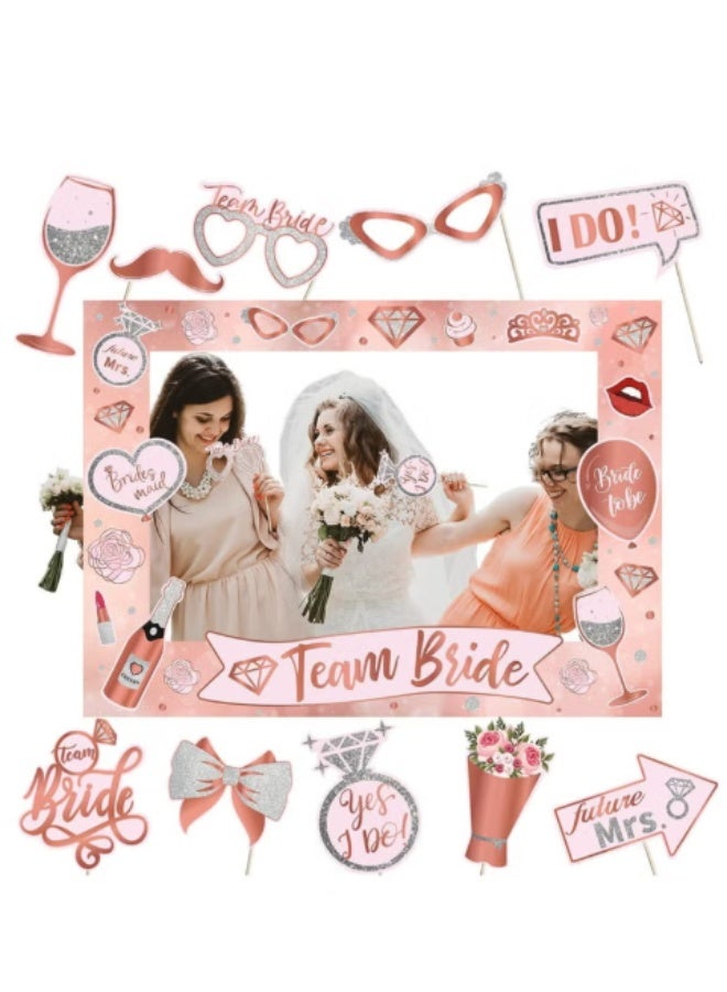 Hen Party Decoration-25Pcs Photo Booth Props,Rose Gold Team Bride and Groom Selfie Props Paper Photo Frame Hen Party Accessories for Wedding Engagement Bridal Shower Bachelorette Hen Do Party Games